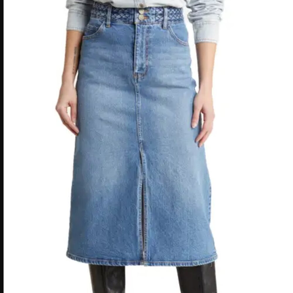 NWT Habitual Braided Waist Front Slit Medium Wash Denim Blue Midi Skirt Size 2